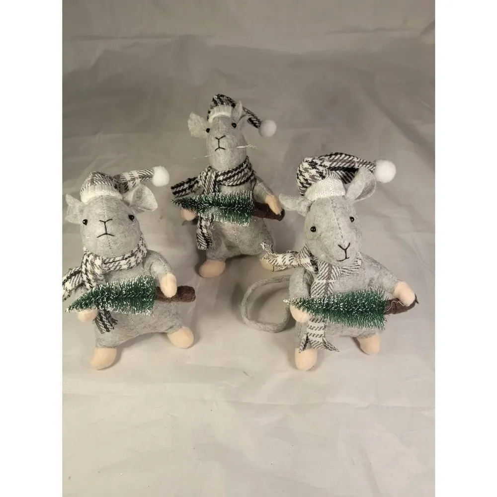 Christmas Mouse Farmhouse tree ornaments Lot of 3 Gray‎ mice - Holiday decor